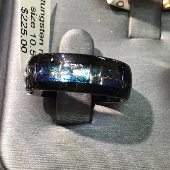 Mens Tungsten Ring Sz10.5 Black/Lab Created Opal Strip Unique Look New W Tags - Picture 2 of 3